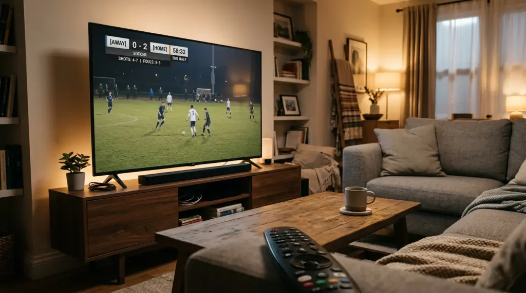 Turned-off living-room television with a generic sports broadcast still frame and no visible betting advertising
