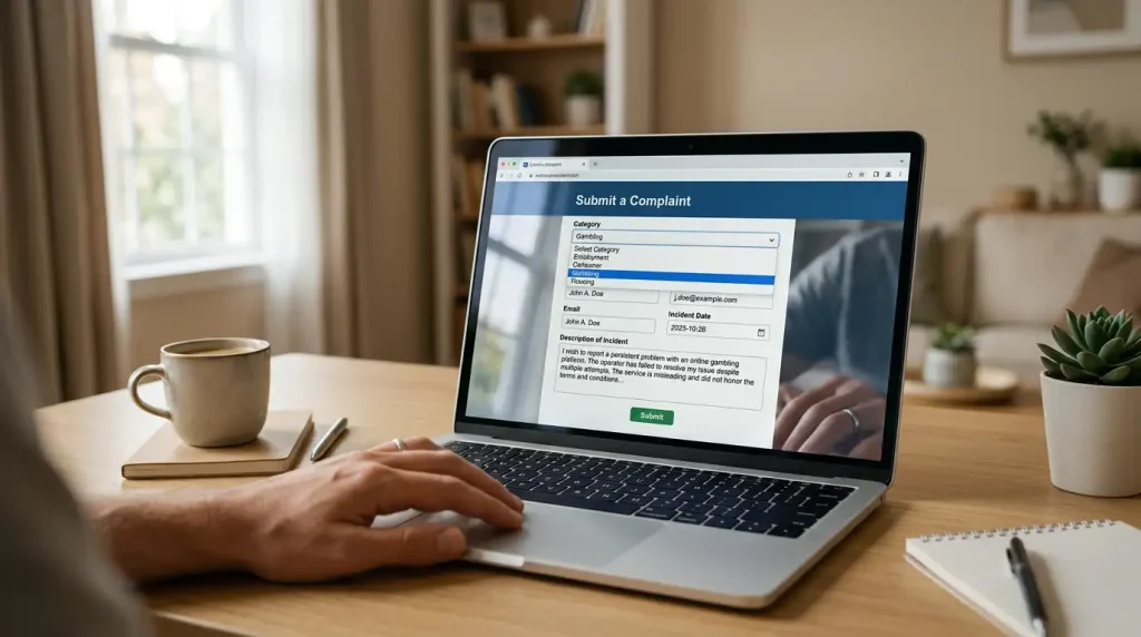 Laptop screen showing a generic government complaint form with a gambling-related category selected