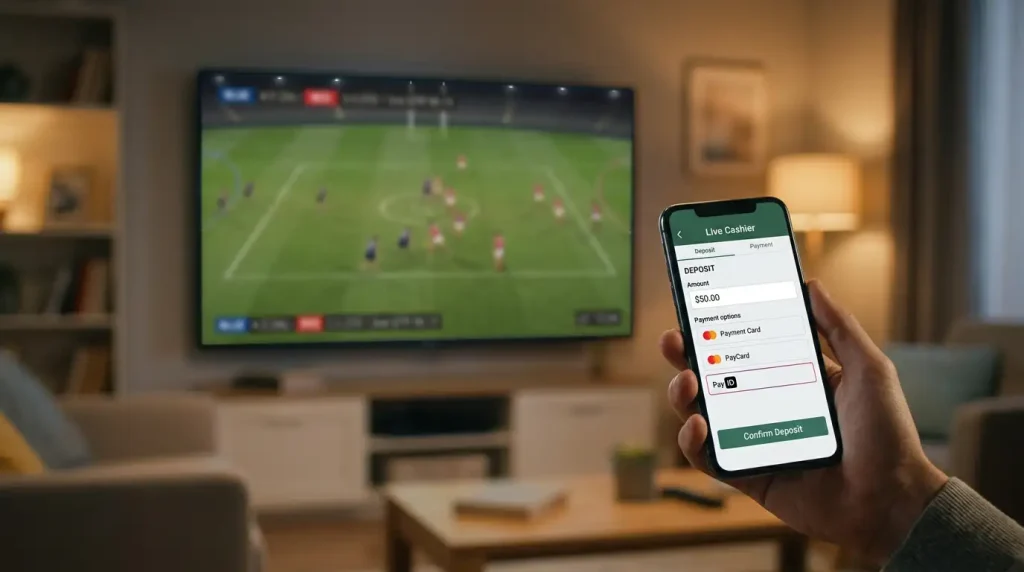 Living-room scene with a television showing a generic Australian football match and a smartphone showing a live betting cashier