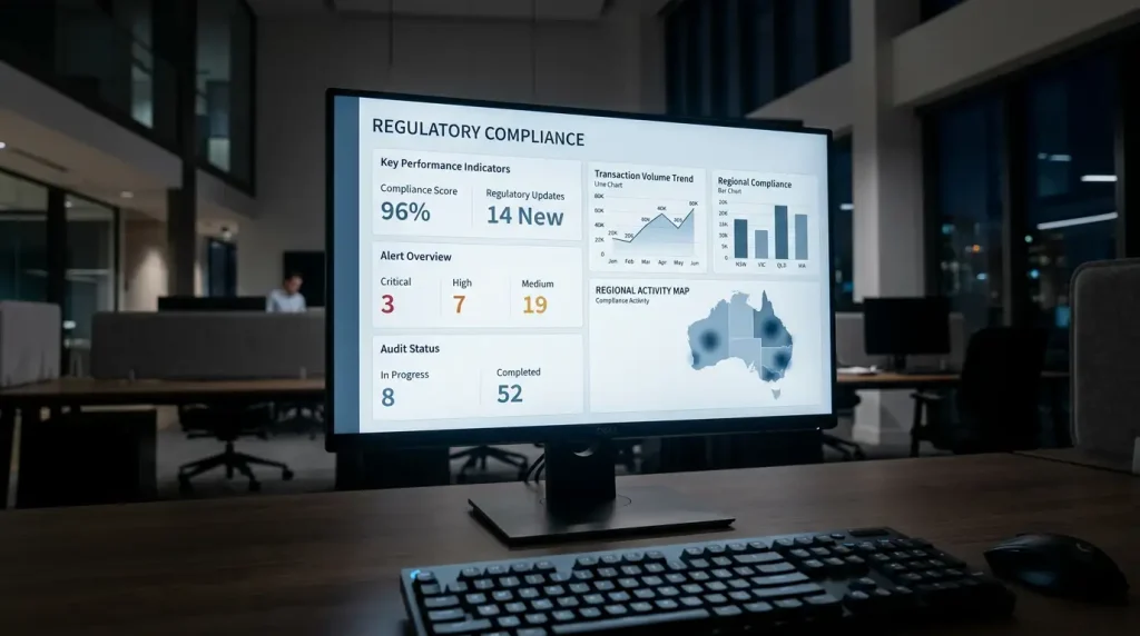 Desktop monitor displaying a generic regulatory compliance dashboard with transaction monitoring charts
