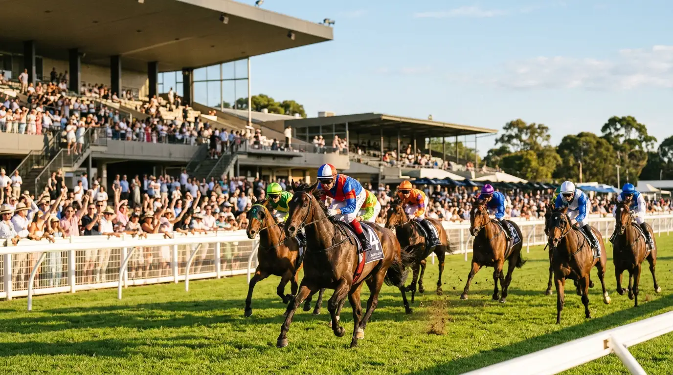 A packed grandstand at an Australian thoroughbred race meeting on a sunny Saturday afternoon with the field on the home straight