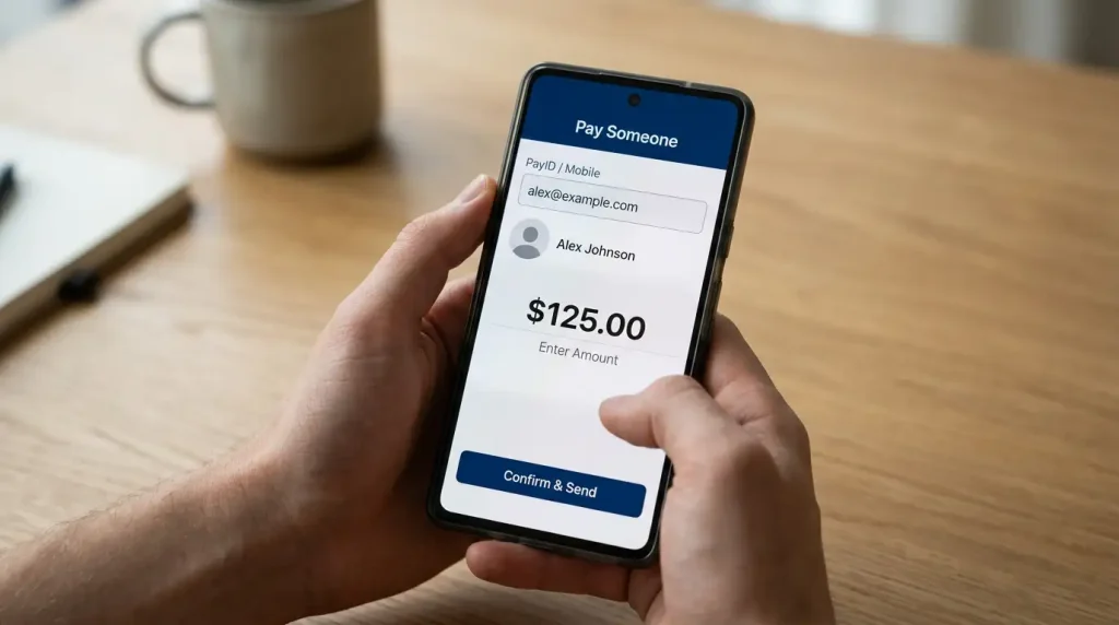 Smartphone showing a generic mobile banking app with a Pay Someone screen and PayID field populated