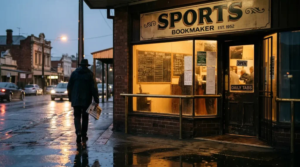 Australian bookmaker shopfront at dusk with illuminated sports signage