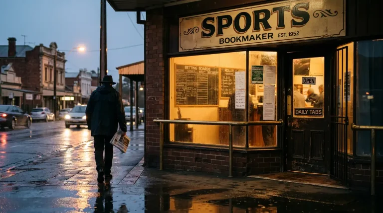 Australian bookmaker shopfront at dusk with illuminated sports signage