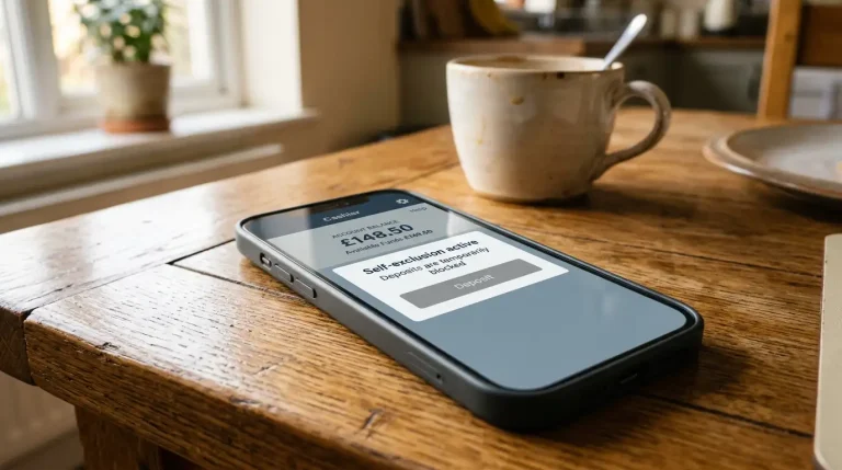 Smartphone screen showing a generic bookmaker deposit page with a self-exclusion block message