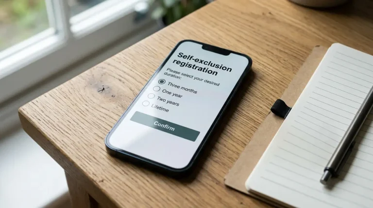 Smartphone showing a generic self-exclusion registration screen with multiple duration options listed