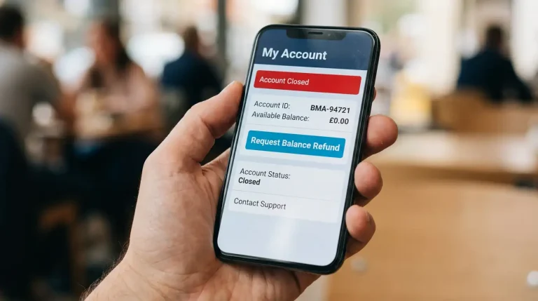 Smartphone screen showing a generic bookmaker account page with an account closed notice and a balance refund button