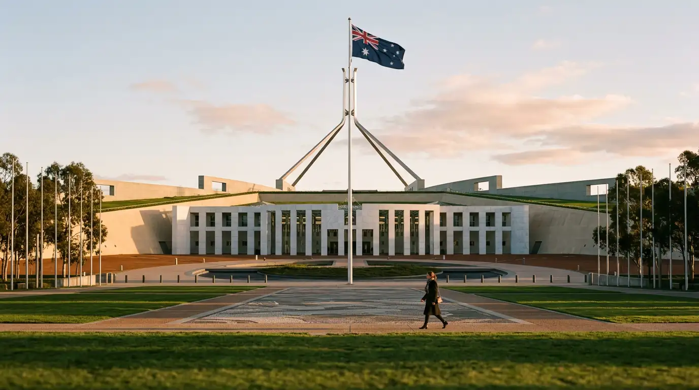 Parliament House in Canberra under a grey sky, symbolising the 2024 federal credit card gambling ban