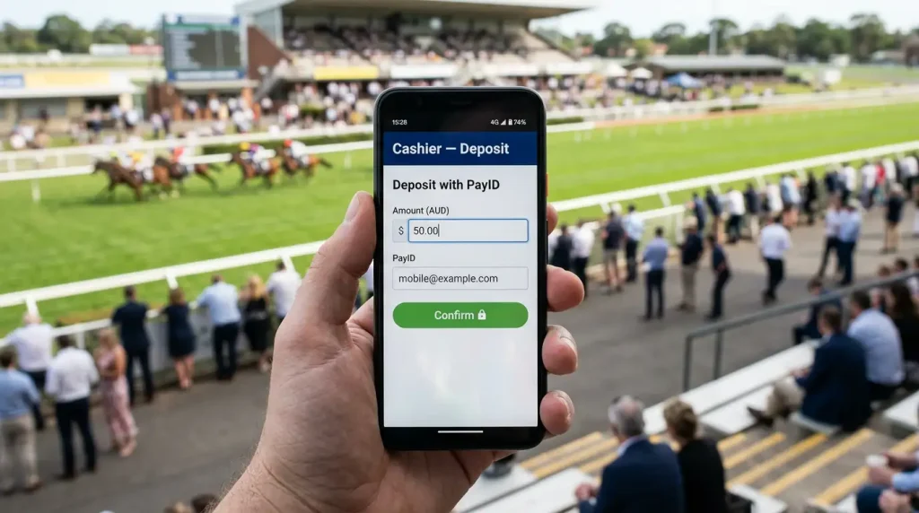 Hand holding a smartphone with a generic racing cashier screen in front of a blurred Australian racecourse
