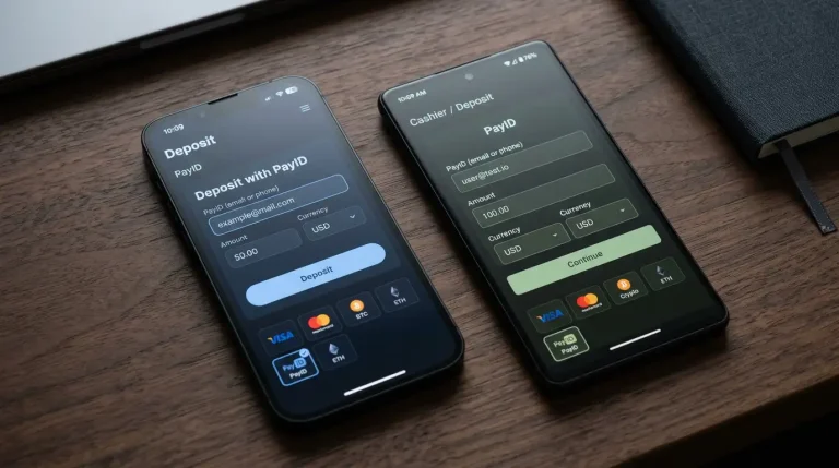 Two smartphones side by side showing two separate generic bookmaker cashier interfaces with PayID deposit options