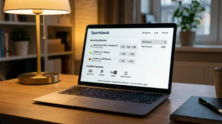 Laptop screen displaying a generic smaller bookmaker website with a visible licence disclosure and PayID payment option