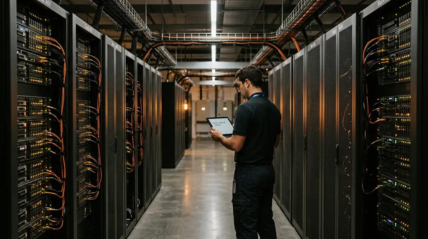 Server room with racks of networking equipment representing the real-time New Payments Platform clearing transactions across Australian banks