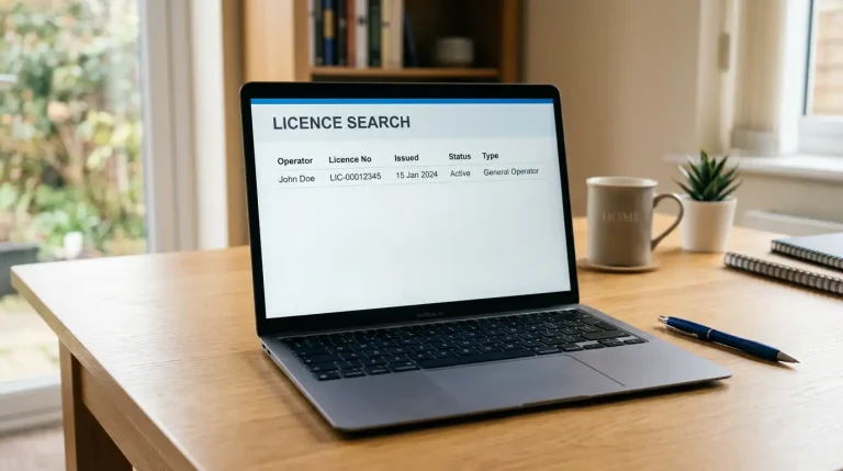 Laptop screen showing a generic regulator licence lookup page with a bookmaker licence entry displayed