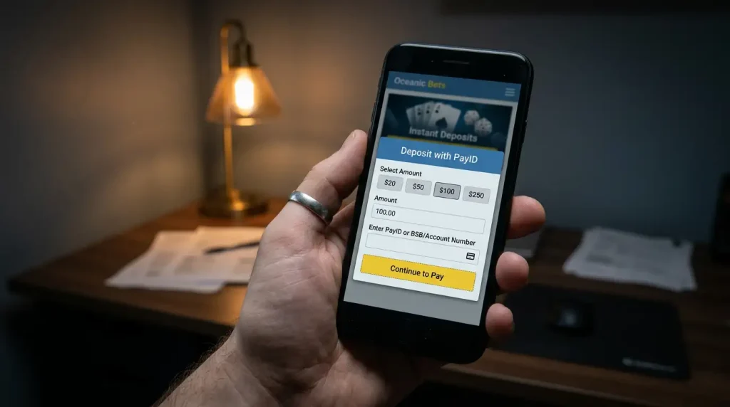 Smartphone displaying a generic suspicious offshore gambling website with a PayID deposit prompt