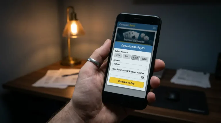 Smartphone displaying a generic suspicious offshore gambling website with a PayID deposit prompt