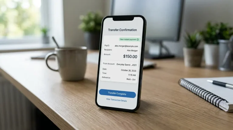 Smartphone showing a generic mobile banking transfer confirmation screen with a near-instant payment badge