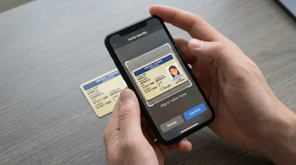 Smartphone camera framing an Australian driver licence on a desk for a generic identity verification upload