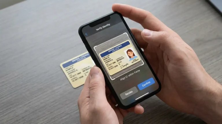 Smartphone camera framing an Australian driver licence on a desk for a generic identity verification upload