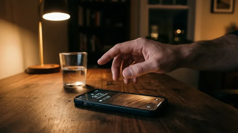 Person pausing before tapping a phone screen in low evening light
