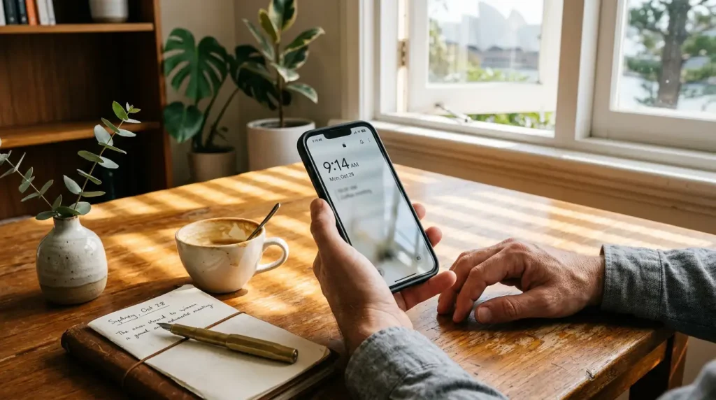 Hand holding a smartphone showing a bank transfer confirmation screen on a wooden desk