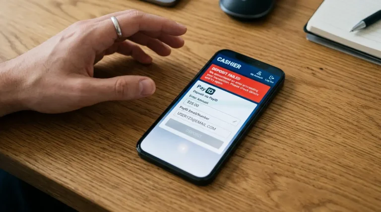 Smartphone screen showing a generic bookmaker cashier with a red error message about a failed PayID deposit