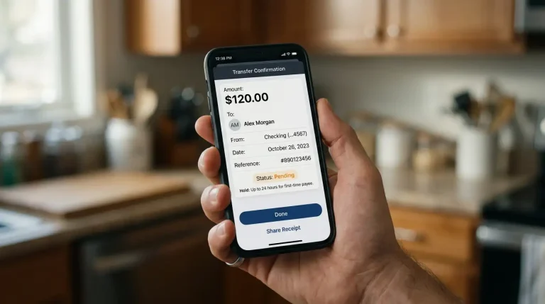 Smartphone screen showing a generic mobile banking app with a pending PayID transfer status and a 24-hour hold notice