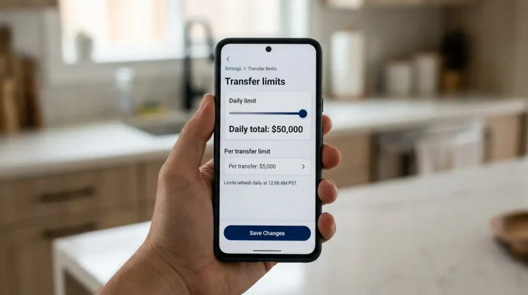 Smartphone displaying a generic mobile banking app settings page with a daily transfer limit slider