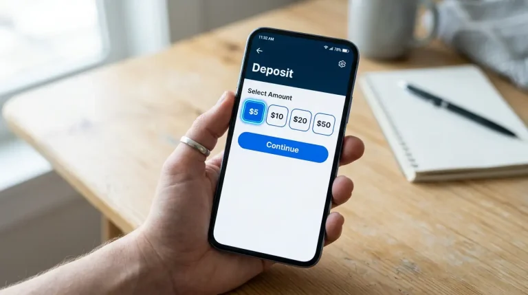 Smartphone displaying a generic bookmaker deposit screen with a $5 quick-select button highlighted