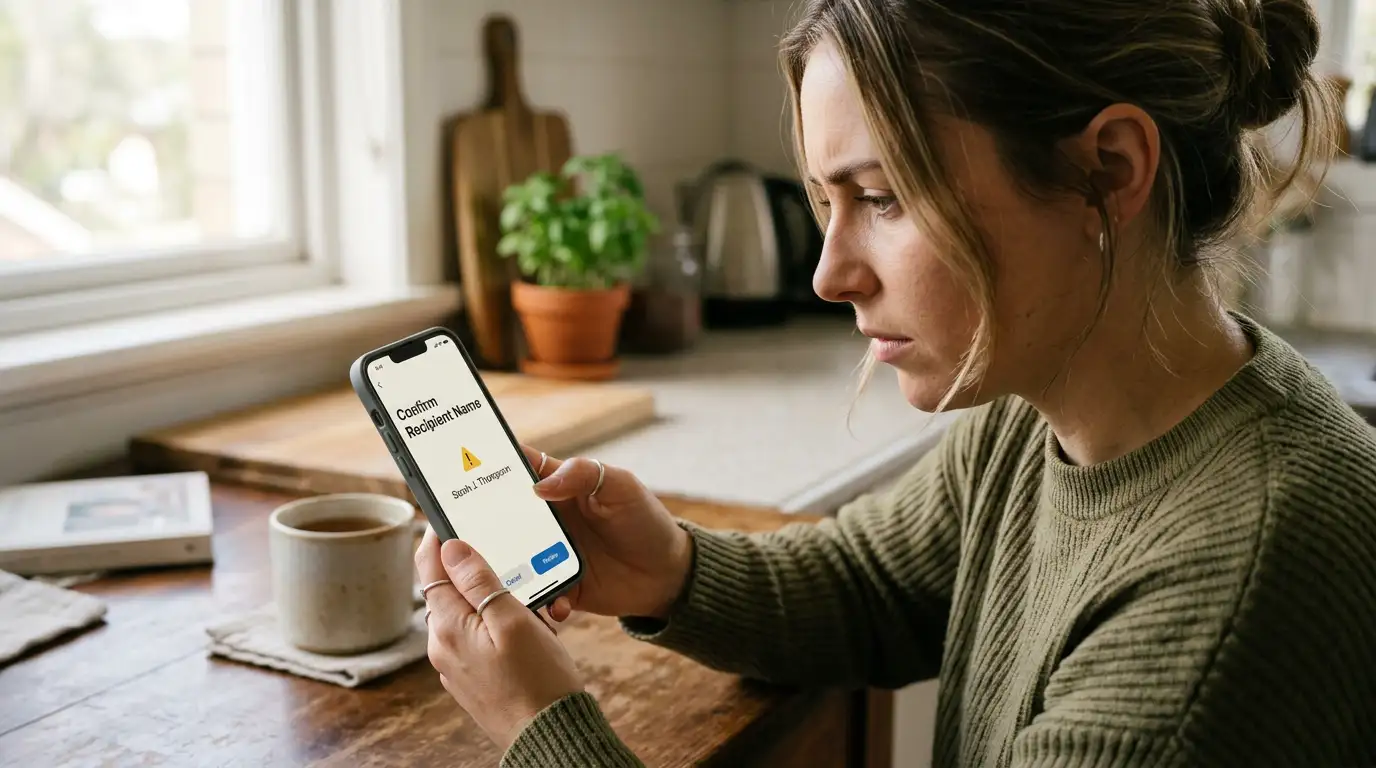 A person reading the payee-name confirmation screen carefully on a phone before approving a PayID transfer