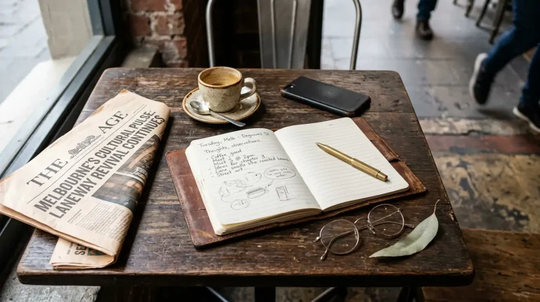 Overhead view of a cluttered Australian cafe table with a smartphone and receipts