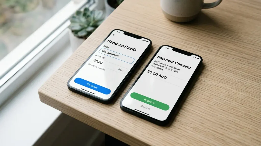 Two smartphones side by side, one showing a generic PayID transfer and the other showing a generic PayTo consent request