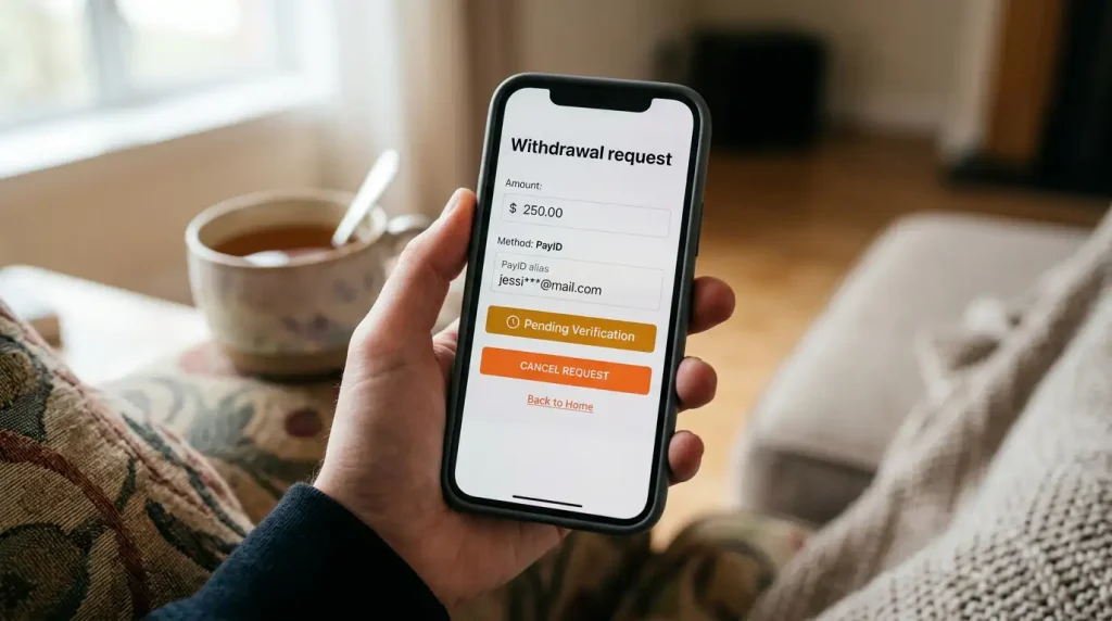 Smartphone displaying a generic bookmaker cashier with a withdrawal status marked as pending verification