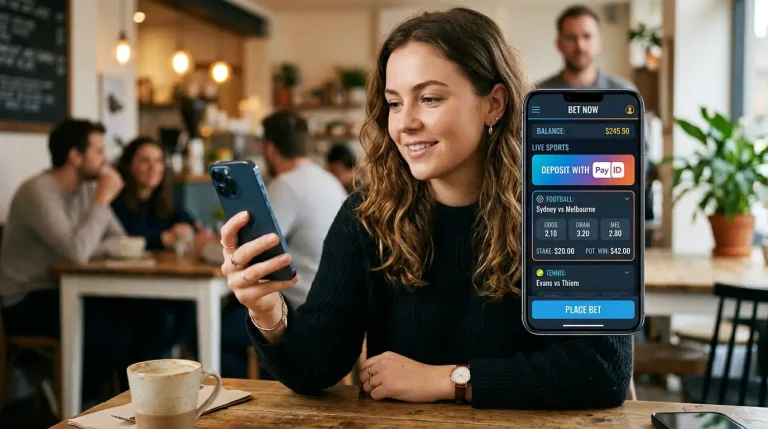 Hands holding a smartphone with a generic mobile-first betting app open on a PayID deposit screen