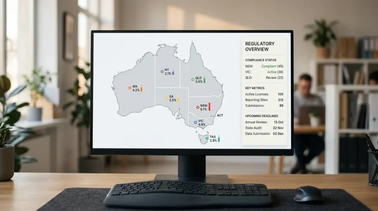 Desktop monitor displaying a simple Australian state map with abstract tax-rate markers overlaid