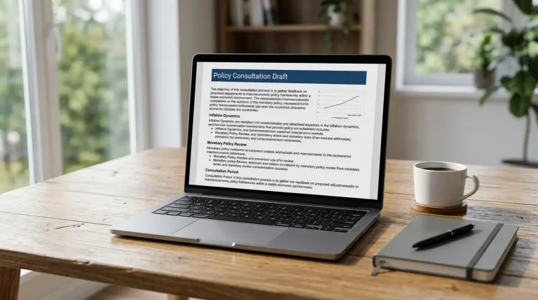 Laptop screen showing a generic central-bank style policy consultation document open next to a coffee cup