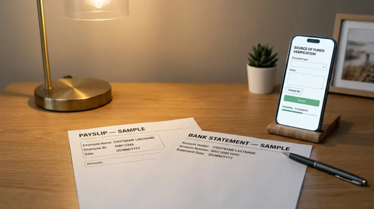 Desk scene with a printed pay slip, a bank statement and a smartphone showing a generic document upload interface