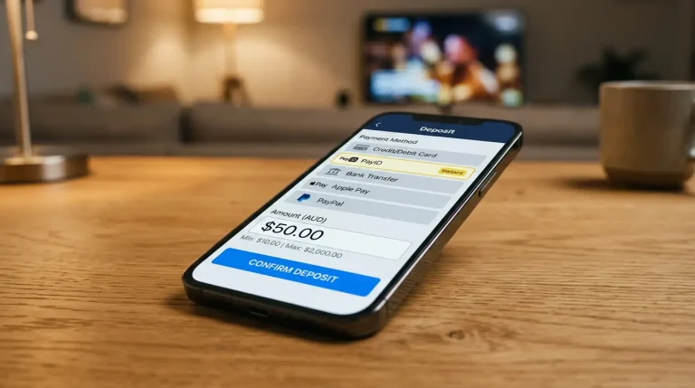 Smartphone screen showing a generic sports betting cashier with PayID selected as the deposit method