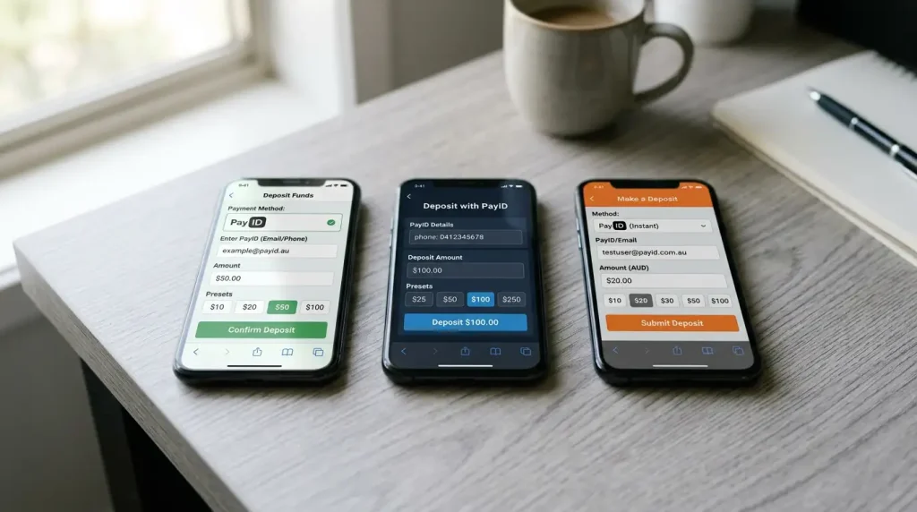 Three smartphones laid out in a row on a desk, each showing a different generic bookmaker PayID deposit screen